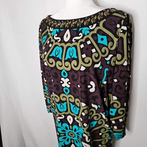 Hale Bob Rhinestone Batwing Sleeves Floral Work Dress Boho Blue Green Medium - Picture 3 of 13